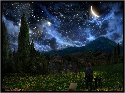 Drzewa, Van, Gogh, Obraz, Księżyc, Vincent