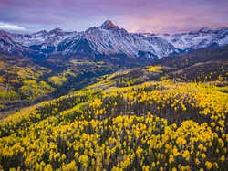 Mount Sneffels, Kolorado, Góry Skaliste, Jesień, Drzewa, Lasy, Stany Zjednoczone, Szczyt