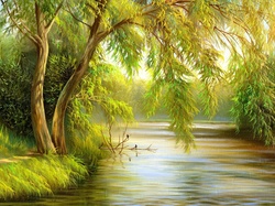 Drzewa, Obraz, Malarstwo, Rzeka