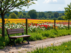 Wiosna, Pole, Ogrodzenie, Drzewa, Ławka, Ścieżka, Tulipany