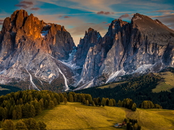 Góry Sassolungo, Drzewa, Włochy, Płaskowyż Seiser Alm, Dolomity, Dolina Val Gardena