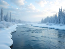 Krzewy, Zima, Ośnieżone, Drzewa, Rzeka, Śnieg