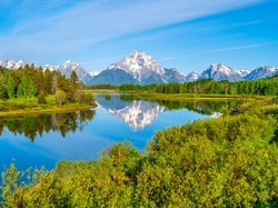 Góry, Park Narodowy Grand Teton, Rzeka, Stany Zjednoczone, Drzewa, Snake River, Stan Wyoming, Ośnieżone