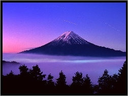 Drzewa, Fudżi, Wulkan, Chmury