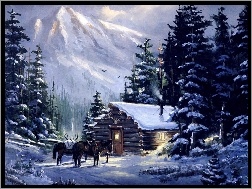 Drzewa, Dom, Konie, Zima, Góry