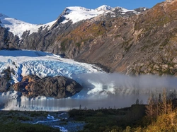 Alaska, Stany Zjednoczone, Skały, Jezioro Portage, Lodowiec, Śnieg, Góry, Drzewa, Portage Glacier