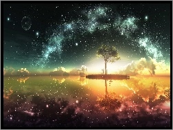 Drzewo, Niebo, Fantasy, Gwiazdy