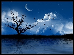 Drzewo, Księżyc, Grafika, Odbicie, Jezioro, Chmury