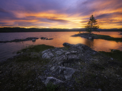 Drzewo, Zachód słońca, Jezioro, Norwegia, Skały