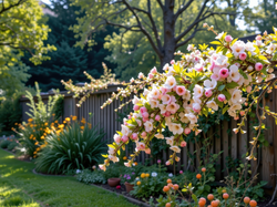 Ogród, Drzewo owocowe, Kwiaty, Płot