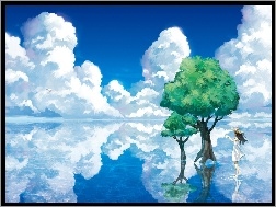 Drzewo, Chmury, Odbicie, Dziewczynka, Rzeka, Spacer