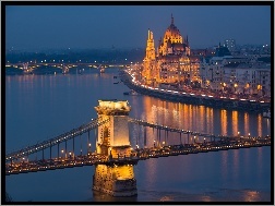 Węgry, Dunaj, Noc, Łańcuchowy, Most, Budapeszt, Parlament