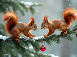 Gałązka, Bombki, Czerwone, Dwie, Rude, Wiewiórki, Ośnieżona