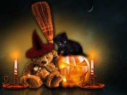 Dynia, Miś, Kot, Halloween, Świece