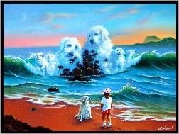 Dziecko, Fale, Plaża, Morze, Psy