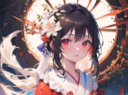 Okno, Dziewczyna, Kimono, Anime, Kwiaty