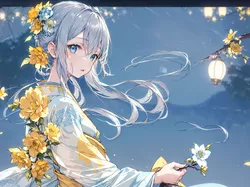 Anime, Dziewczyna, Kwiaty, Lampiony, Kimono