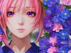Kwiaty, Dziewczyna, Różowe, Anime, Włosy