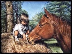 Drzewa, Dziewczynka, Koń