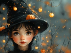 Halloween, Dziewczynka, Kapelusz, AI, Dynie