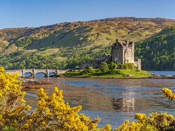 Las, Zamek, Drzewa, Szkocja, Most, Jezioro, Jesień, Eilean Donan Castle, Wzgórza, Loch Duich Eilean Donan