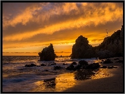Skały, El Matador, Kalifornia, Plaża, Morze, Zachód Słońca