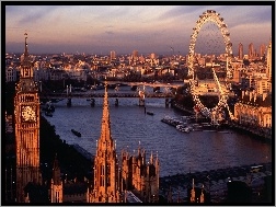 London Eye, Londyn, Miasta, Panorama, Big Ben