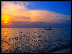 Fale, Słońca, Kambodża, Łódka, Morze, Zachód