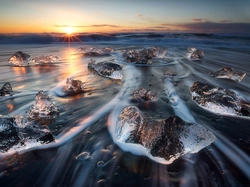 Morze, Wschód Słońca, Park Narodowy Vatnajökull, Lód, Islandia, Fale