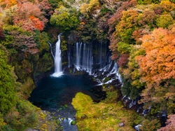 Prefektura Shizuoka, Japonia, Wodospad, Skały, Kolorowe, Shiraito Falls, Park Narodowy Fudżi Hakone Izu, Jesień, Drzewa