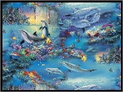 Fantasy, Ocean, Rybki, Delfiny, Art