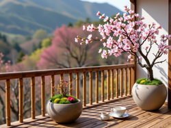 Balkon, Donice, Kwiaty, Filiżanka