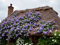 Białe, Strzecha, Kwiaty, Stary, Komin, Dach, Dom, Fioletowe