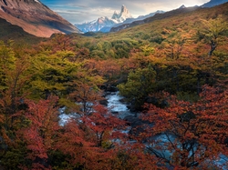 Rzeka, Góry Andy, Góra, Fitz Roy, Patagonia, Argentyna, Park Narodowy Los Glaciares, Jesień, Drzewa