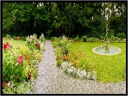 Fontanna, Kwiaty, Ogród, Zieleń