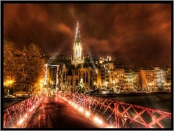 Francja, Wieczór, Światła, Most, Lyon