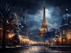 Drzewa, Boże Narodzenie, Domy, , Wieża Eiffla, Niebo, Światła, Francja, Choinki, Zima, Miasto, Paryż, Latarnie