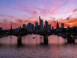 Niemcy, Most, Frankfurt nad Menem, Motorówka, Rzeka Men, Wieżowce, Zachód słońca