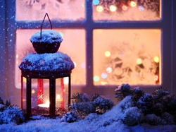Śnieg, Świąteczna, Lampion, Okno, Świeca, Świerkowe, Dekoracja, Gałązki