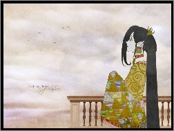 Gankutsuou, taras, kobieta, ptaki