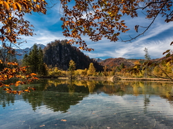 Jesień, Wzgórza, Austria, Drzewa, Jezioro Almsee, Góry Totes Gebirge