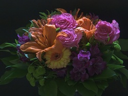 Gerbera, Róże, Kwiaty, Bukiet, Lilie
