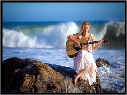 Gitara, Skały, Morze, Dziewczyna