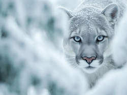 Zima, Puma, Oczy, Głowa, Niebieskie, Grafika AI
