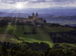 Kościół, Gmina Maria Taferl, Austria, Pola, Wzgórze, Lasy