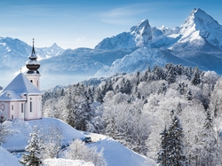 Berchtesgaden, Góry, Samochód, Kościół, Las, Zima, Droga