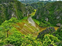Ninh Binh, Góry, Skały, Dolina Tam Coc, Wietnam, Rzeka Ngo Dong