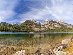 Góry, Stan Wyoming, Drzewa, Jezioro Bradley, Park Narodowy Grand Teton, Stany Zjednoczone, Kamienie