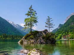 Gmina Berchtesgadener, Góry Alpy, Drzewa, Bawaria, Niemcy, Skały, Jezioro Hintersee, Kamienie