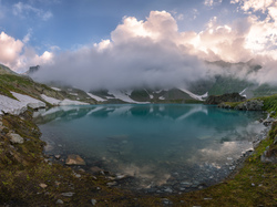 Góry, Imeretia, Gruzja, Kaukaz, Jezioro, Chmury